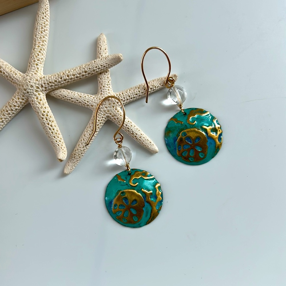 Sand Dollar Hand painted with Faceted Crystal Quartz Earrings